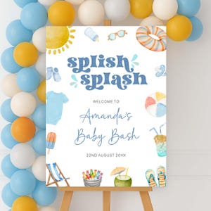 May include: A baby shower sign with the words "splish splash" in blue script. The sign welcomes guests to "Amanda's Baby Bash" and includes beach-themed illustrations like a sun, sunglasses, and a beach ball. Balloons in blue, yellow, and white surround the sign.
