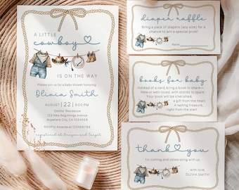 Cowboy Baby Shower Invitation Bundle, A Little Cowboy Is On The Way Template Set, Rodeo Wild West Baby Shower Theme (Digital Download)