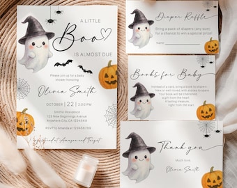 Editable A Little Boo Is Almost Due Baby Shower Bundle, Cute Ghost Pumpkin Baby Shower Set, Neutral Halloween Baby Shower Template Bundle