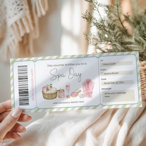 May include: A spa day gift voucher with a watercolor illustration of spa day items. The voucher has a green and white striped border and includes fields for the recipient's name, sender, date, and a message.