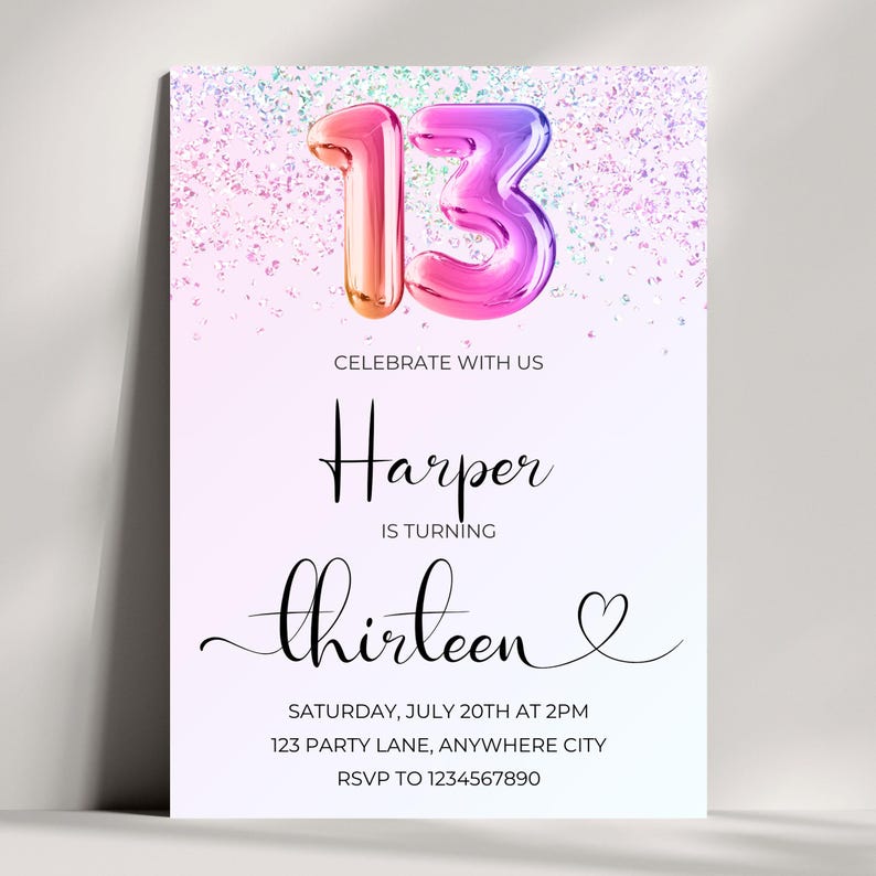 Glitter Gradient 13th Birthday Invitation, Editable Template (digital