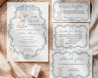 Little Lamb Baby Shower Invitation Bundle, Lamb with Blue Bow Boy Shower Invite Set, Editable Canva Template (Digital Download)