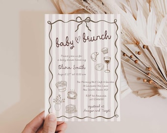 Baby Brunch Baby Shower Invitation, Neutral Beige Breakfast Lunch Theme, Editable Hand Drawn Party Template (Digital Download)