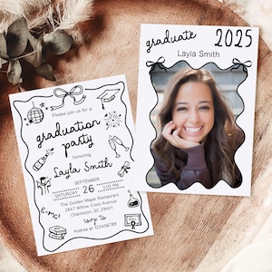 Black and White Graduation Party Invite, Whimsical Hand Drawn Graduation Announcement, Graduation Dinner Invitation, Grad Party Invitation