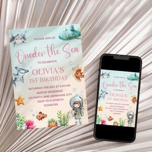 Oneder The Sea 1st Birthday Invitation Girl, Editable Under The Sea 1st Birthday Invite Girl, Sea Animals 1st Birthday Invitation Girl