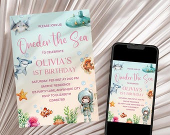 Oneder Havet 1-årsdagsinbjudan flicka, redigerbar under havet 1-årsdagsinbjudan flicka, havsdjur 1-årsdagsinbjudan flicka