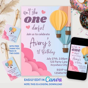 Onederful First Birthday Invite Girl Hot Air Balloon Birthday Invite Isn&#39;t She Onederful Invitation First Birthday Invitation Girl