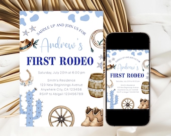 Editable First Rodeo Birthday Invitation Boy, Cowboy Birthday Invitation, Wild West 1st Birthday Invitation, My 1st Rodeo Birthday Invite