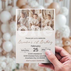 Puede incluir: Una tarjeta de invitación blanca con un borde y texto marrones. La tarjeta presenta tres fotos de un bebé en un atuendo blanco. El texto dice "one" en una fuente grande y "Please join us to celebrate Brandon's 1st Birthday" en una fuente más pequeña. La fecha y la hora del evento se enumeran como "Saturday, February 25, 2PM - 4PM". La ubicación se enumera como "Smith's Residence, 12345 Greatest Party Lane Eve, Anywhere City, CA 452630". La información de RSVP se enumera como "RSVP to Mom 123456789".
