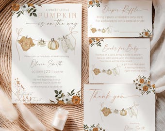 May include: Baby shower invitation set with a pumpkin theme. The invitation reads "A Sweet Little Pumpkin is on the Way" with coordinating cards for a diaper raffle, books for baby, and thank you notes. The design features watercolor illustrations.