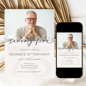 75th Birthday Photo Invitation, Minimalist Boho 75th Birthday Invite, Modern Gender Neutral Party Template, Editable Photo Invitation