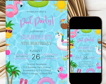 Pool Party Birthday Invitation Girl, Editable Swim Party Invitation Template Any Age, Summer Tropical Floatie Flamingo Beach Party Invite