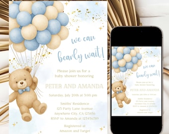 Editable Teddy Bear Baby Shower Invitation, Blue Balloon Bear Baby Shower Invite, We Can Bearly Wait Baby Shower Template, Boy Baby Shower