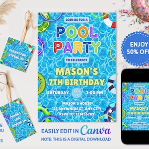 May include: A digital invitation for a pool party to celebrate Mason's 7th birthday. The invitation features a blue pool background with colorful pool toys, a watermelon slice, and the text "Join us for a Pool Party to celebrate Mason's 7th Birthday".