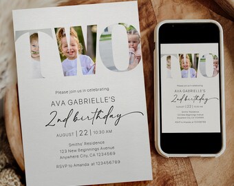 2nd Birthday Number Photo Invitation, Minimalist 2nd Birthday Photo Invite, Gender Neutral 2nd Birthday Template, Number Photo Invitation