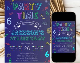 Invitación de cumpleaños número 6 para niño, editable, sencilla y colorida. Descarga instantánea. Números.