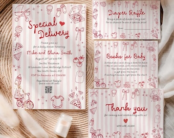 Special Delivery Baby Shower Bundle, Hand Drawn Pizza Baby Shower Invite Set, Editable Party Template (Digital Download)