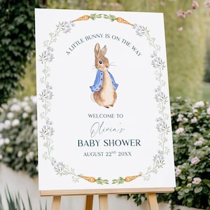 Peter Rabbit Baby Shower Welcome Sign Blue, A Little Bunny Is On The Way Baby Shower Welcome Poster, Blue Peter Rabbit Welcome Sign Template