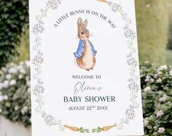 Peter Rabbit Baby Shower Welcome Sign Blue, A Little Bunny Is On The Way Baby Shower Welcome Poster, Blue Peter Rabbit Welcome Sign Template