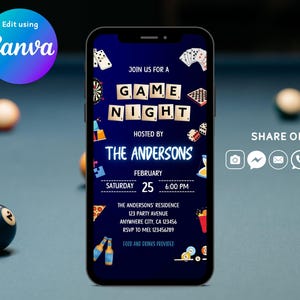 Puede incluir: Una invitación a una noche de juegos en la pantalla de un teléfono inteligente. La invitación presenta un fondo azul con iconos de juegos coloridos y el texto "Join us for a Game Night" en letras blancas. La invitación también incluye la fecha, la hora y la ubicación del evento. El texto "Hosted by The Andersons" está en letras blancas con un contorno azul neón. El texto "Food and drinks provided" está en la parte inferior de la invitación.