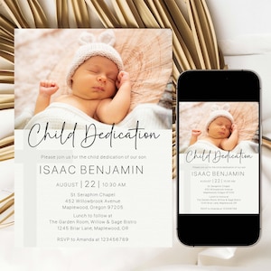 May include: A baby wearing a white knit hat with bunny ears is featured on a child dedication invitation. The invitation includes the text "Child Dedication" and details for the event, including the name Isaac Benjamin, date, time, and location.