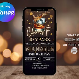 Invitación digital de whisky para el 40.° cumpleaños, invitación de cumpleaños para hombres por los 40 años, invitación de coñac y licor escocés para el 40.° cumpleaños