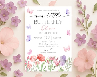 Butterfly 1st Birthday Invitation, 1st Birthday Invitation Girl, Pastel Floral Butterfly Birthday Invitation, Our Little Butterfly Template