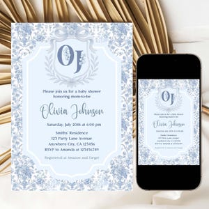 Editable Toile de Jouy Baby Shower Invitation with Monogram, Blue Floral Baby Shower Invite, Classic Toile Baby Shower Invitation Template