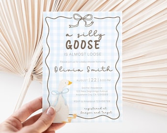 Silly Goose Baby Shower Invitation, Blue Gingham (Digital Download)