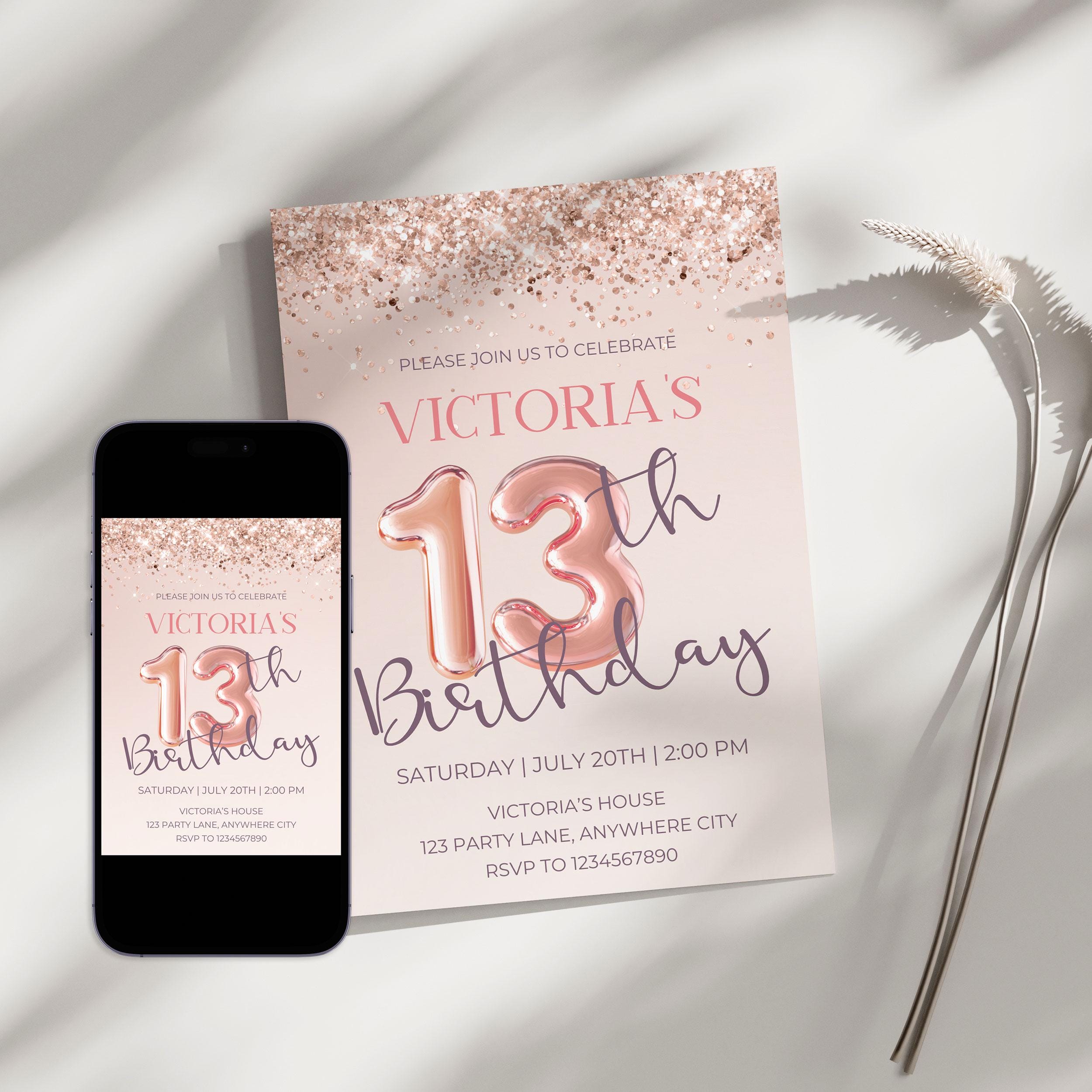 Rose Gold Glitter Birthday Invite, Editable 13th Birthday Invitation ...