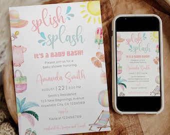 Invitación para baby shower "Splish Splash", plantilla editable para baby shower en la playa, invitación para baby shower de verano en la piscina, diseño tropical para baby shower