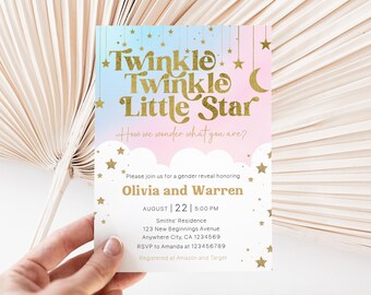May include: A gender reveal invitation with a pastel blue and pink background, gold stars, and the text "Twinkle Twinkle Little Star." The invitation includes details for Olivia and Warren's gender reveal, date, time, and location.