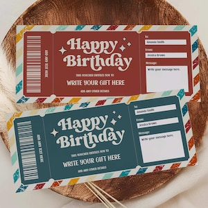 Könnte beinhalten: Zwei Geburtstagsgutscheine im Retro-Design. Einer ist weinrot, der andere türkis, beide mit dem Schriftzug "Happy Birthday" in einer verspielten Schriftart. Jeder Gutschein enthält Platz für eine Nachricht und Geschenke.