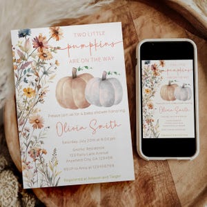 Two Little Pumpkins Baby Shower Invitation, Twin Baby Shower Invitation Template, Two Little Pumpkins Are On The Way Fall Neutral Invitation