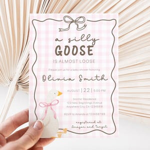 Silly Goose Baby Shower Invitation, Goose Pink Ribbon Baby Shower Invitation, Pink Gingham Silly Goose Is Almost Loose Baby Shower Invite