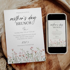 Editable Mother&#39;s Day Brunch Invitation, Wildflower Pink Floral Mother&#39;s Day Invitation Template, Mother&#39;s Day Breakfast Brunch Invitation