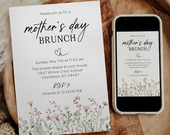 Editable Mother's Day Brunch Invitation, Wildflower Pink Floral Mother's Day Invitation Template, Mother's Day Breakfast Brunch Invitation