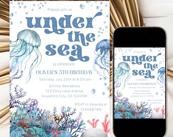 Editable Under The Sea Birthday Invitation Boy, Sea Animals Birthday Invitation Template, Ocean Animals Any Age Kids Birthday Invitation