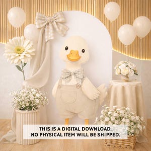 Druckbare Ente Dekor Cutout, Baby Ente im Overall mit Neutral Beige Schleife, Baby Party oder Geburtstag (Digitaler Download)