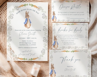 Peter Rabbit Baby Shower Invitation Bundle Boy, A Little Bunny Is On The Way Boy Baby Shower Template Set, Blue Peter Rabbit Baby Shower Set