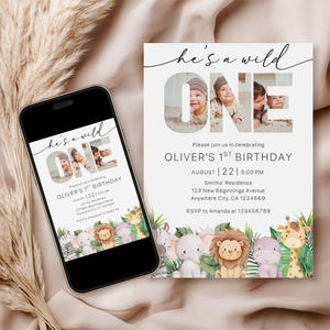 Wild One 1st Birthday Invitation With Photo, Safari 1st Birthday Invitation With Photo, Editable Safari Animals Birthday Invitation Template