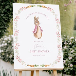Peter Rabbit Baby Shower Welcome Sign Pink, A Little Bunny Is On The Way Baby Shower Welcome Poster, Pink Peter Rabbit Welcome Sign Template
