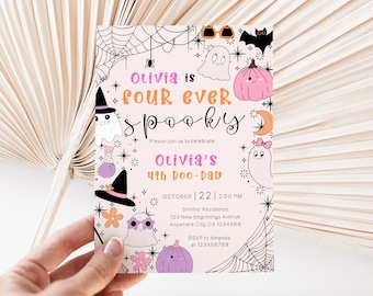 Four Ever Spooky Birthday Invitation Girl, Halloween 4th Birthday Invite Girl, Cute Pink and Orange Ghost Theme, Spooktacular 4th Birthday