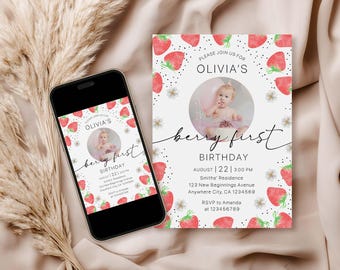 Invitación con foto para primer cumpleaños de bayas, plantilla de invitación con foto para primer cumpleaños de fresas dulces, invitación imprimible para primer cumpleaños de niña