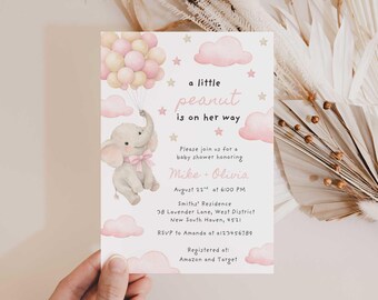 Inbjudan till babyshower med en liten jordnöt, elefant med rosa ballonger, babyshowerinbjudan till flicka (digital nedladdning)