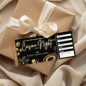 May include: A gift box wrapped in brown paper with a cream-colored bow. A black "Casino Night" pass is visible, featuring casino-themed graphics and text. A separate card includes recipient and sender details.