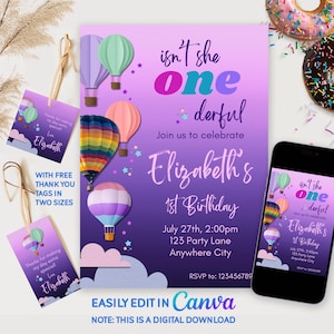 Onederful First Birthday Invitation Girl Hot Air Balloon Birthday Invite Isn&#39;t She Onederful Invitation First Birthday Invitation Girl