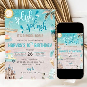 Beach Birthday Party Invitation Boy, Editable Splish Splash Birthday Bash Invitation, Summer Tropical Swimming Party Invitation