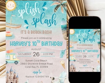 Garçon d'invitation de fête d'anniversaire de plage, Invitation de fête d'anniversaire Splish Splash modifiable, Invitation de fête de natation tropicale d'été