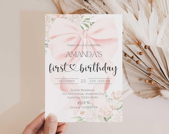 Blush Pink Bow First Birthday Invitation, Coquette Ribbon and Flowers Party Invite, Instant Download